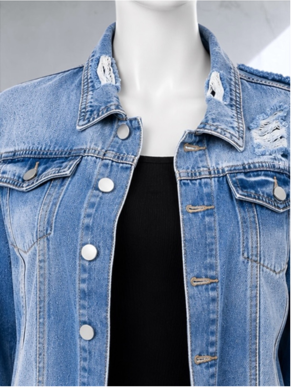 Distressed Blue Ripped Button-Up Denim Jacket – Size 8 - Picture 5 of 12